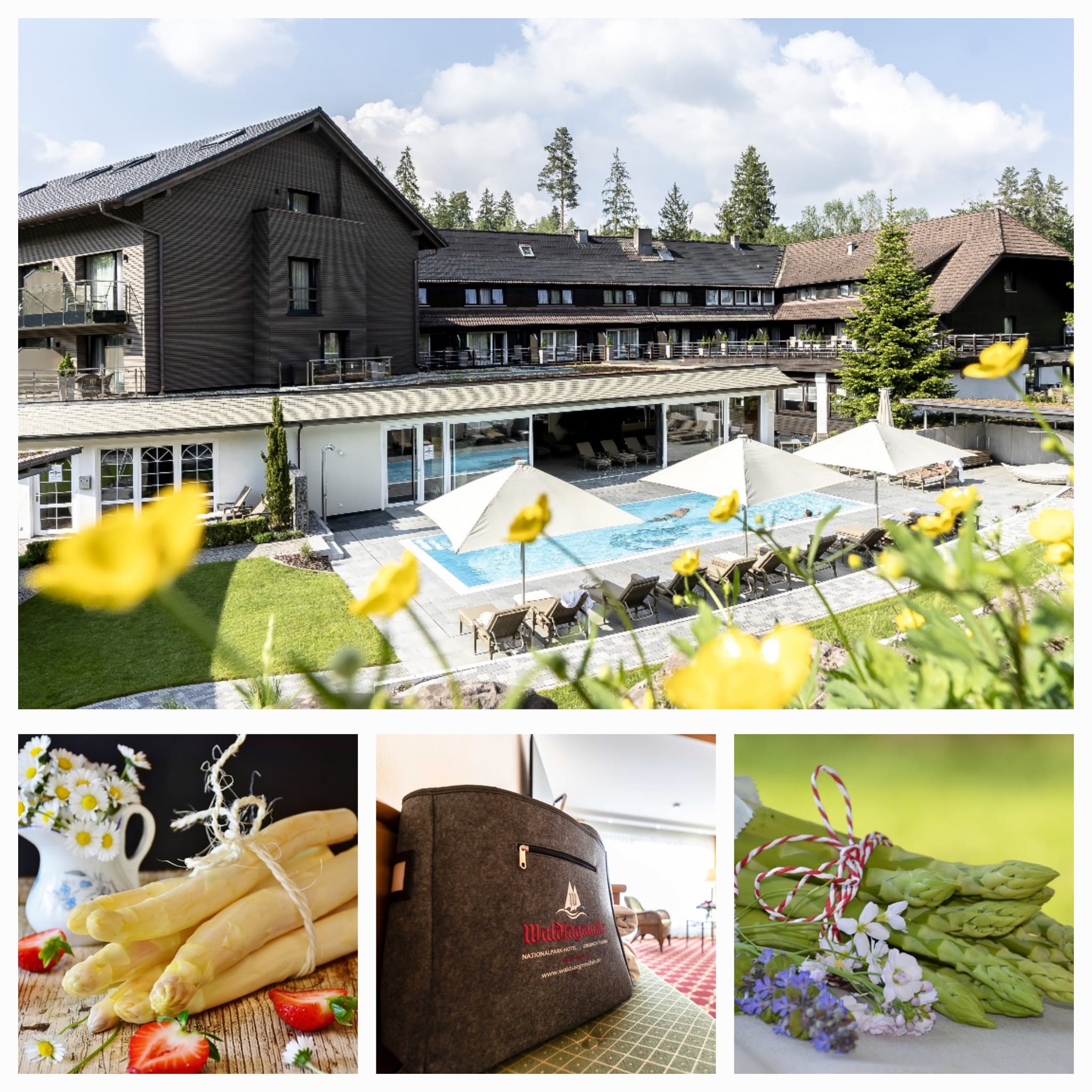 Hotel Waldsägmühle in Pfalzgrafenweiler-Kälberbronn – Collage mit Hotelansicht, Spargel und Hoteltasche | Wellnesshotel Schwarzwald