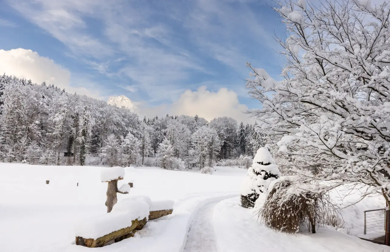 Verschneiter Winterweg im Garten des Alm- & Wellnesshotel Alpenhof mit Blick auf die Alpen.
