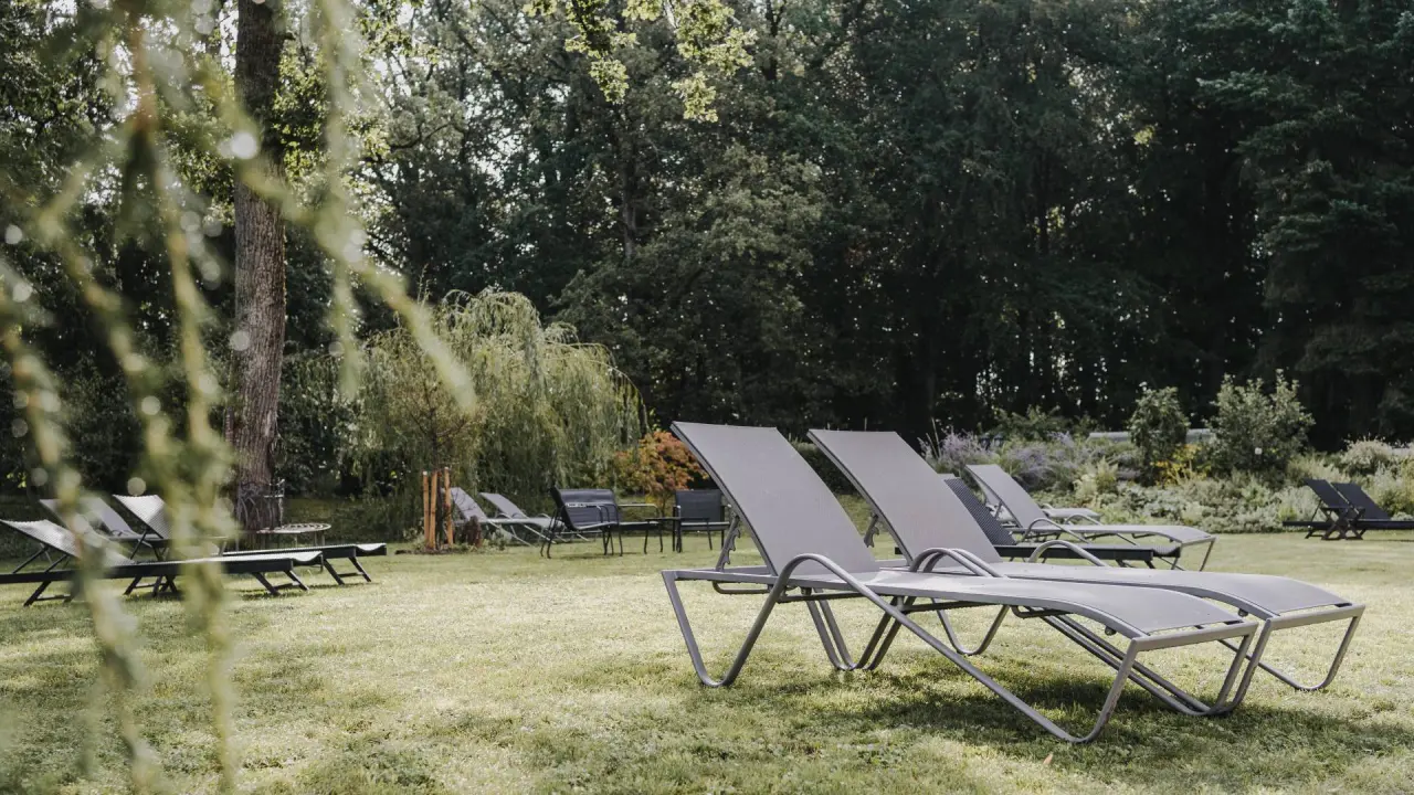 Gepflegte Liegewiese mit Sonnenliegen im grünen Garten von Buchnas Landhotel Saarschleife, umgeben von Bäumen.