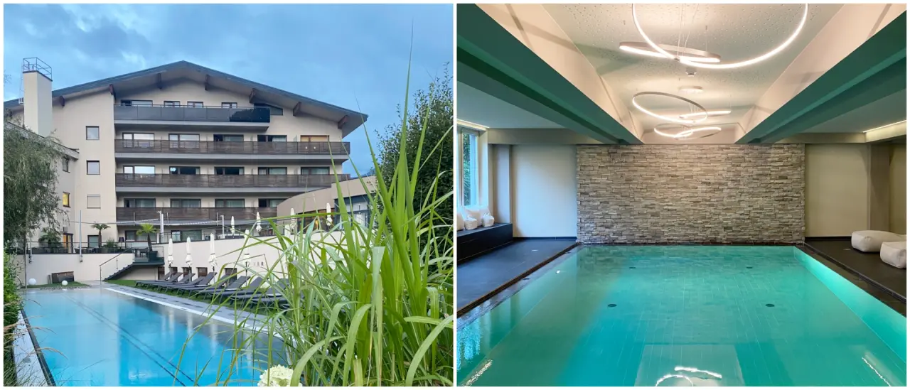 Aussenansicht des HAIDVOGL MAVIDA Zell am See mit Aussenpool und modernem Innenpoolbereich.