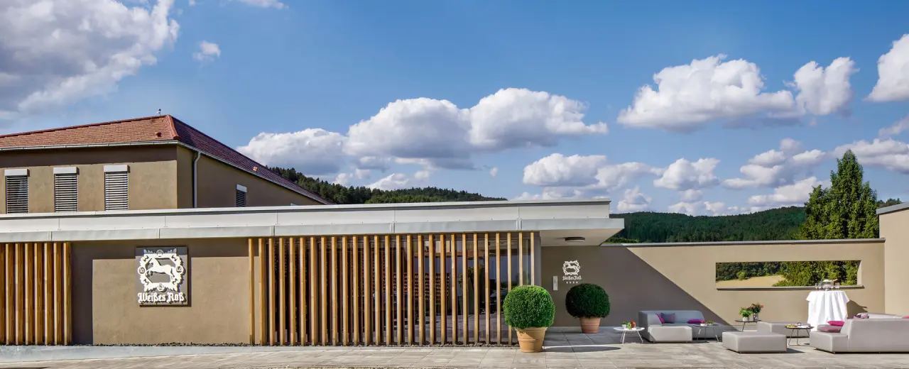 Moderne Aussenansicht des Landhotel Weißes Ross mit stilvoller Lounge-Terrasse und Blick auf die Natur.