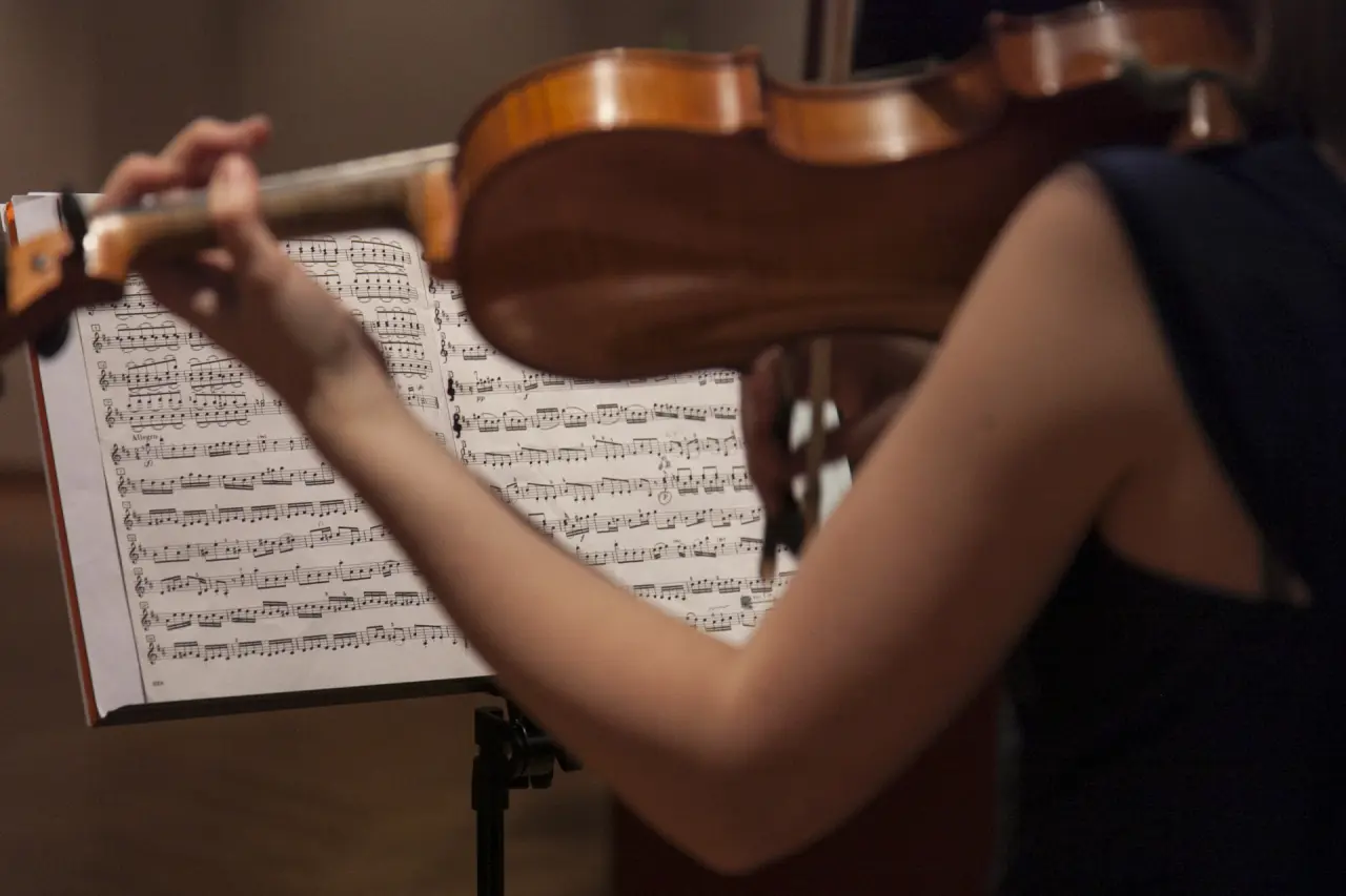 Detailaufnahme einer Person, die Violine spielt, mit Notenblatt im Hotel Krone Au. Musikalische Darbietung.