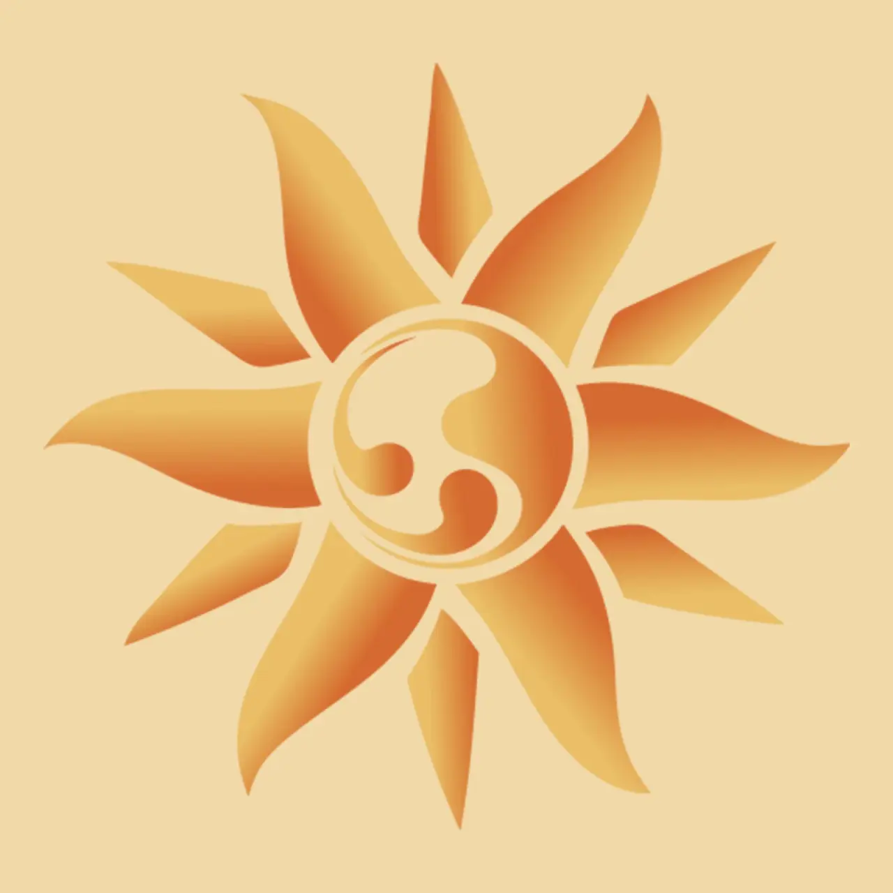 Logo des Kurhotels Sonnenhof: stilisierte goldene Sonne mit Yin-Yang-Symbol in der Mitte auf hellem Hintergrund.
