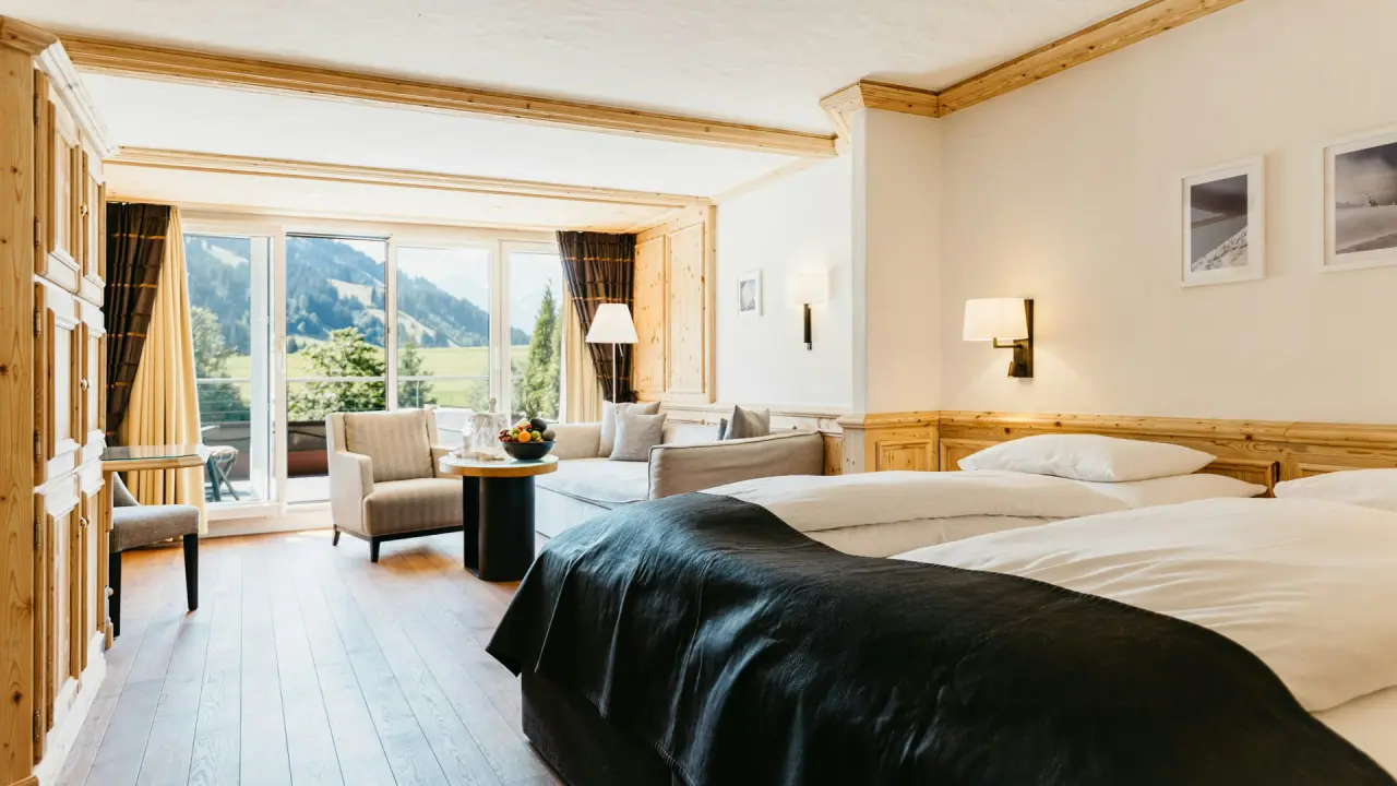 Komfortables Doppelzimmer im ERMITAGE Wellness- & Spa-Hotel mit gemütlicher Sitzecke und Alpenpanorama.