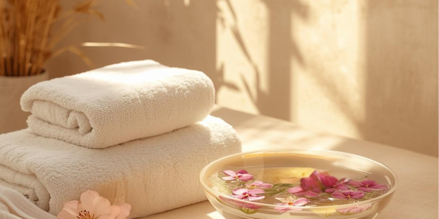 Sieben Welten Hotel & Spa Resort in Künzell – Weiße Handtücher und Blumenschale im Spa-Bereich | Wellnesshotel Rhön