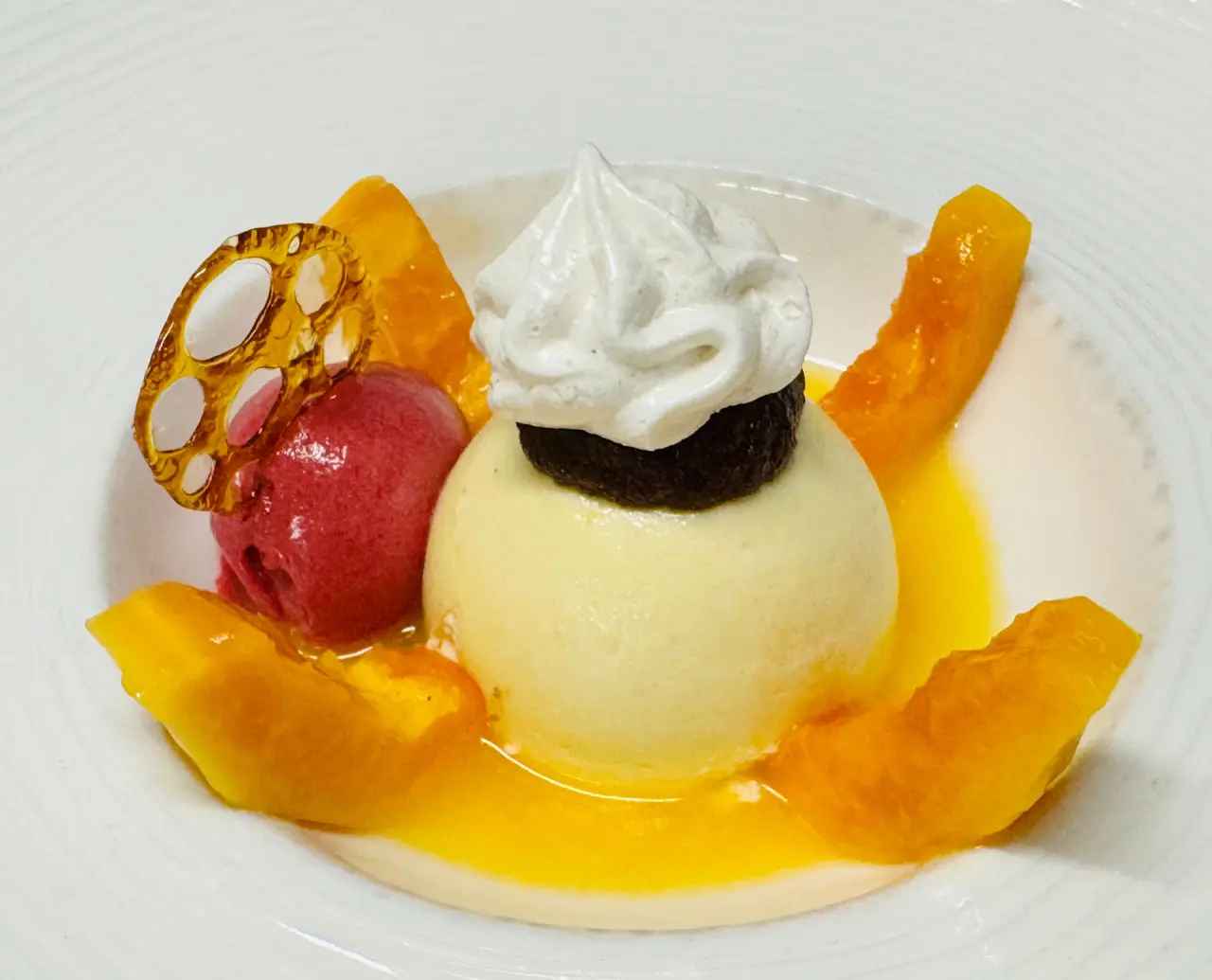 Exquisites Dessert mit Sorbet, Mousse und Frucht im Restaurant des Hotel Haferland. Eine kulinarische Kreation.