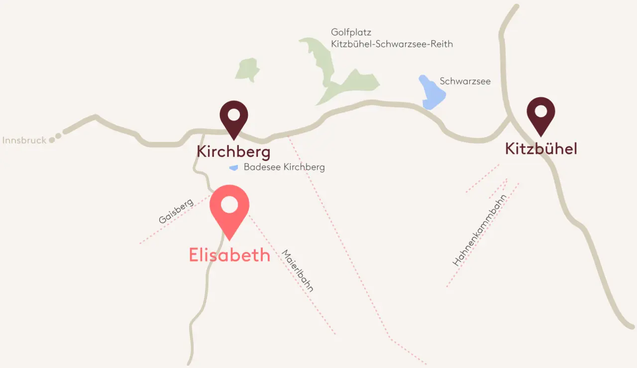 Lageplan des Hotel Elisabeth Tirol mit Umgebung, nahe Kirchberg und Kitzbühel, mit Seen und Bergbahnen.