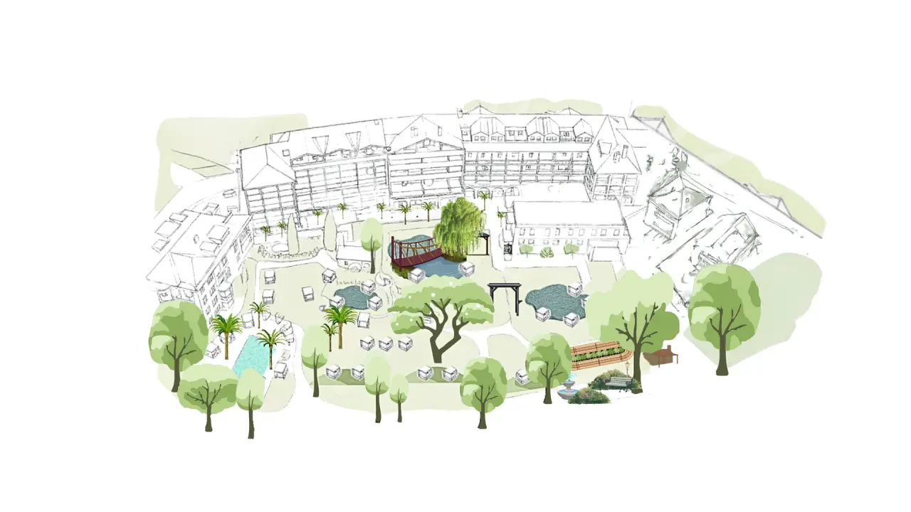 Übersichtskarte des Parkhotels mit weitläufigem Garten, Pool, Teichen und Entspannungsbereichen zur Entspannung.