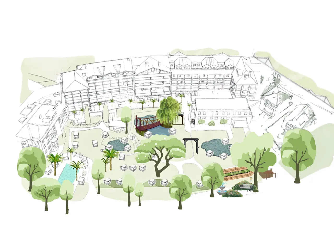 Illustrierte Gesamtansicht des Parkhotels mit weitläufiger Gartenanlage, Pools, Teichen und Brücken.