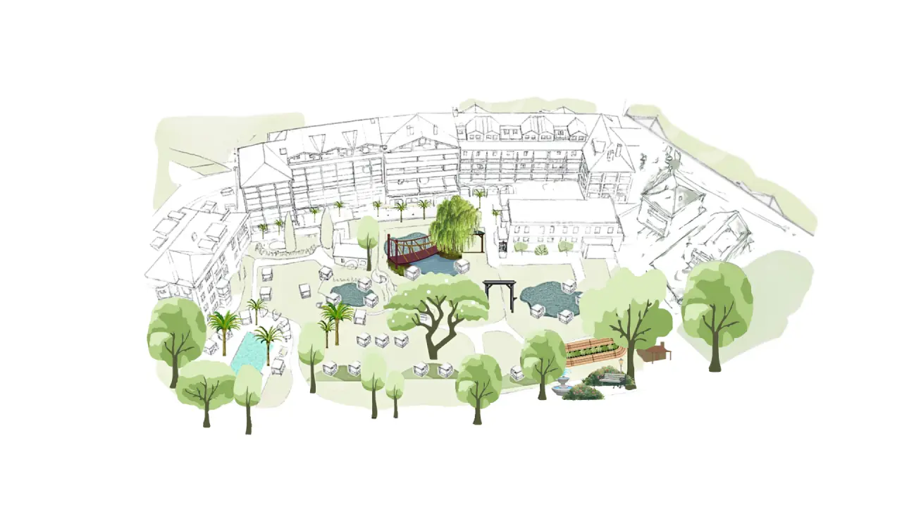 Luftbild-Illustration des Parkhotels mit Hotelgebäude, großzügigem Garten, Pool, Teich und Entspannungsbereichen.