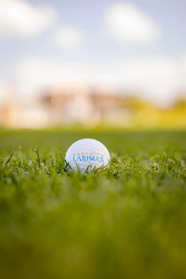 Golfball mit dem Logo des 4-Sterne-Superior Hotel Larimar auf dem grünen Rasen eines Golfplatzes.