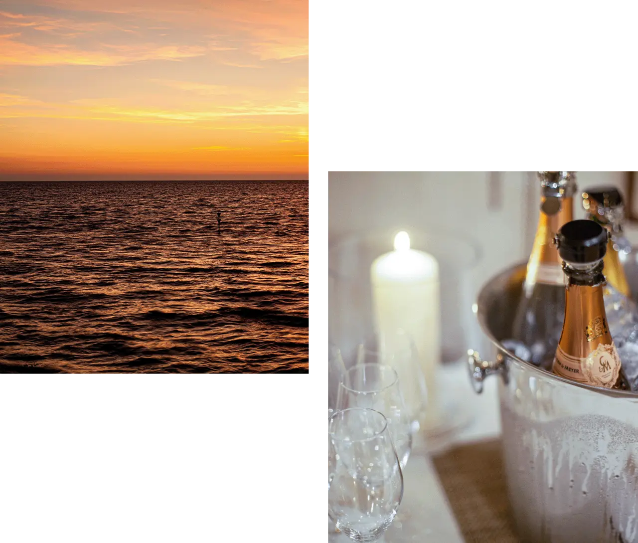 Goldener Sonnenuntergang über der Nordsee mit sanften Wellen und festlicher Champagner-Arrangement im Fährhaus Sylt.