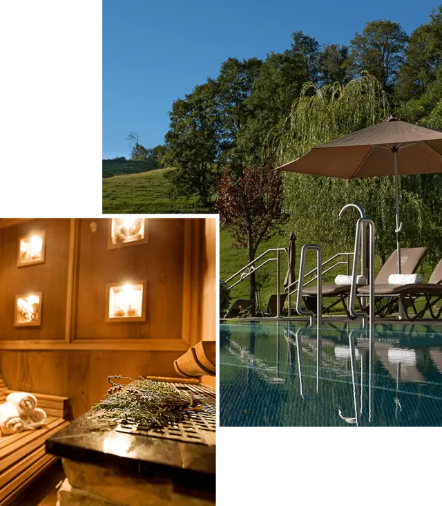 Kombination aus finnischer Sauna, Aussenpool mit Liegen und grüner Natur im Hotel Kesslermühle.