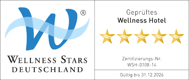 Zertifikat 'Geprüftes Wellness Hotel' mit 5 Sternen von Wellness Stars Deutschland für Hotel Kesslermühle.