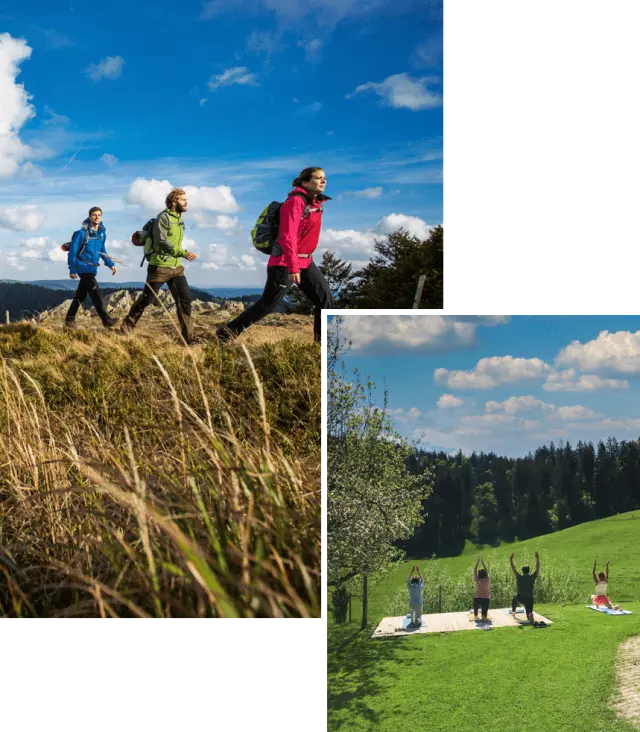 Wanderer in den bayerischen Alpen und Yoga im Hotelgarten der Kesslermühle. Aktive Erholung und Wellness in der Natur.