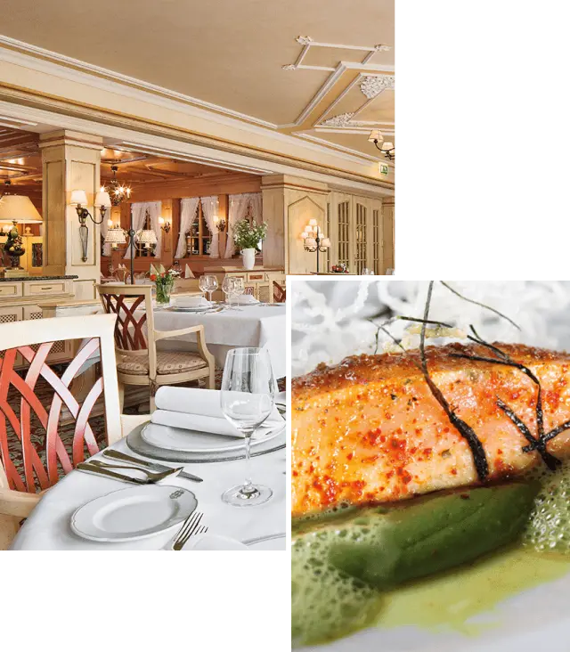 Elegantes Restaurant mit gedeckten Tischen und appetitlichem Lachsgericht im Hotel Kesslermühle.