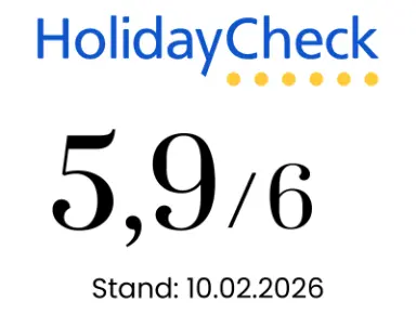 HolidayCheck Bewertung 5,9/6 für Moselschlösschen Spa & Resort, Stand 10.02.2026.