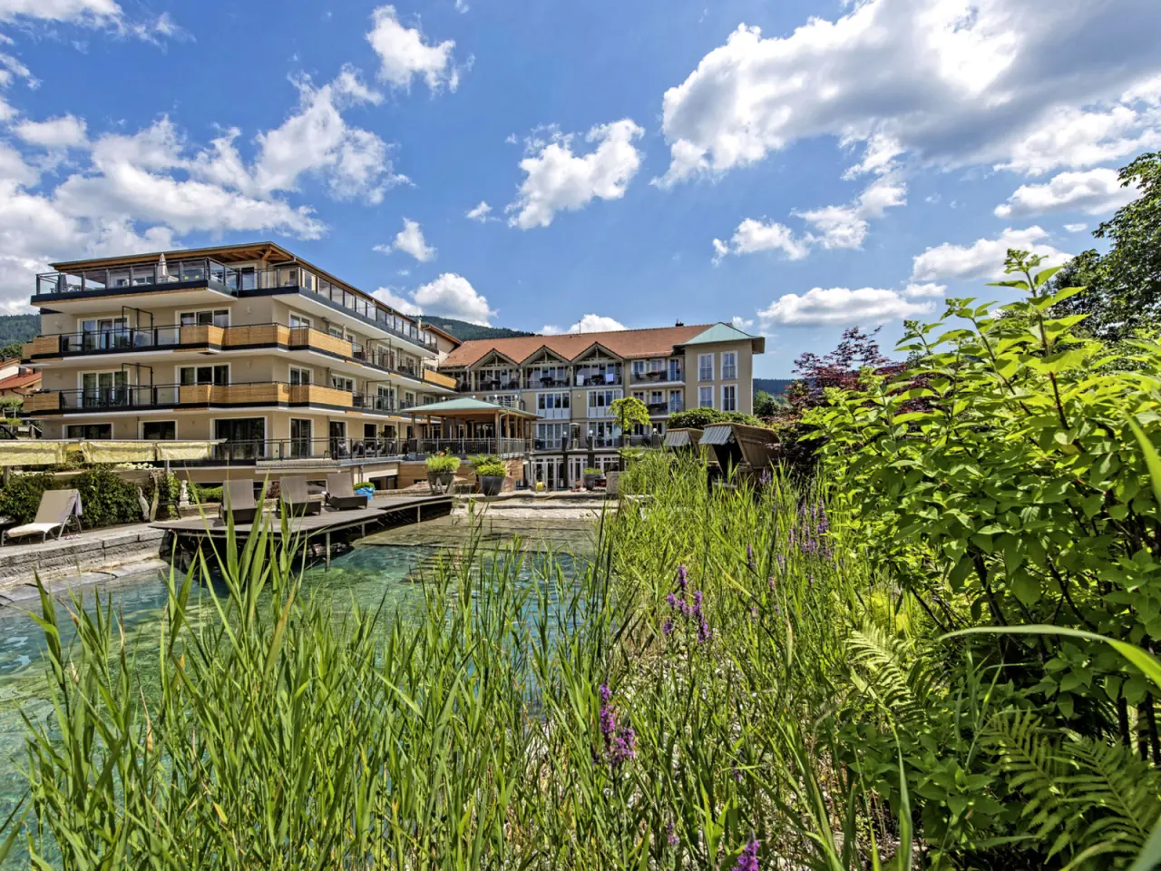 Aussenansicht des Bodenmaiser Hofs mit idyllischem Naturbadeteich, Liegewiese und grüner Umgebung.