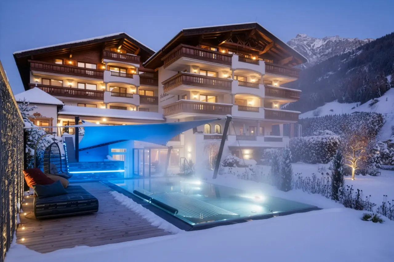 Winterlicher Aussenbereich des Hotel Der Stubaierhof mit beleuchtetem Pool, Schnee und Alpenpanorama bei Dämmerung.