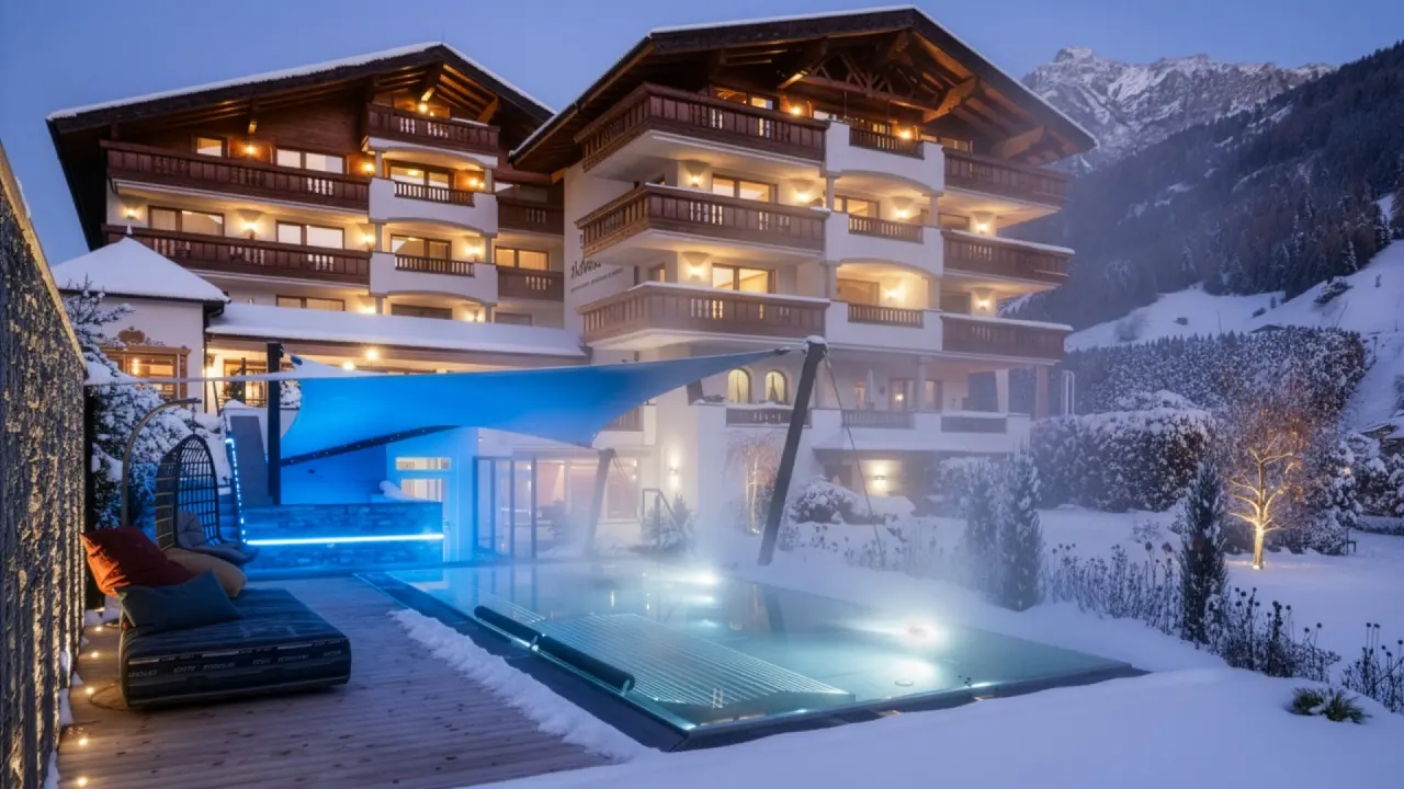 Beheizter Aussenpool mit blauer Beleuchtung und verschneitem Bergpanorama am Abend im Hotel Der Stubaierhof.