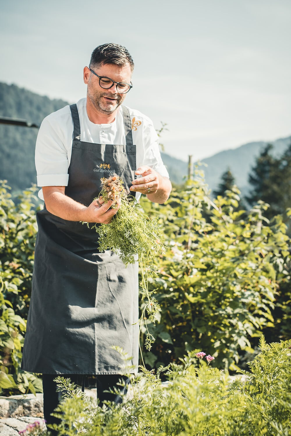 Gut Steinbach Hotel Chalets SPA in Reit im Winkl – Koch erntet frische Kräuter im Hotelgarten | Wellnesshotel Chiemgau