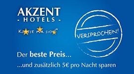 AKZENT Hotels Logo und Preisversprechen: 'Der beste Preis... und zusätzlich 5€ pro Nacht sparen' für das AKZENT Waldhotel Rheingau.