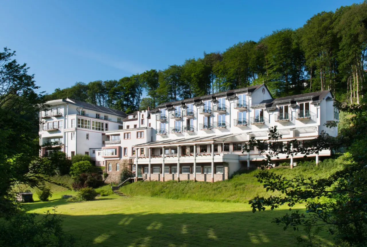 Aussenansicht des AKZENT Waldhotel Rheingau mit grünen Wiesen und bewaldetem Hang unter blauem Himmel.