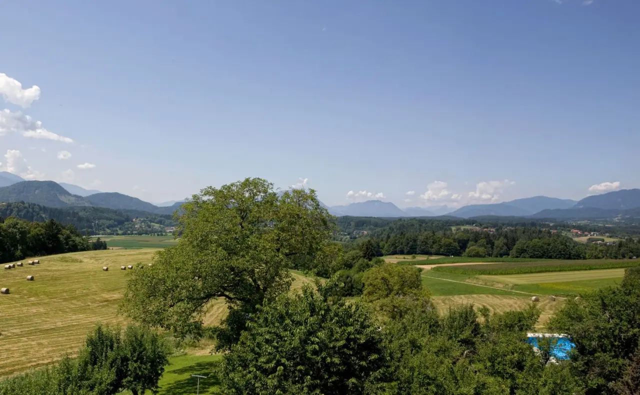 Panoramablick auf grüne Felder, Wälder und Berge der Region vom Hotel Streklhof.