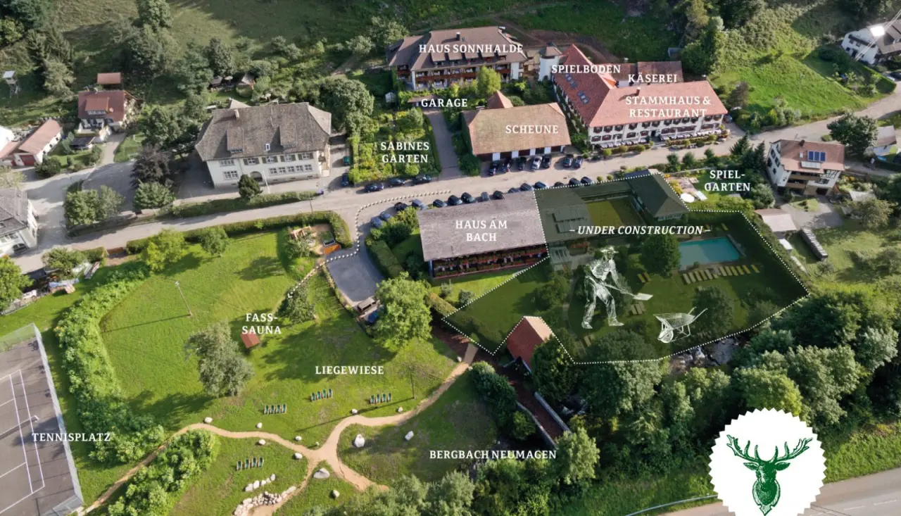 Luftaufnahme des Romantik Hotel Spielweg mit Hotelgebäuden, Fass-Sauna, Liegewiese und Poolbereich (derzeit im Bau).
