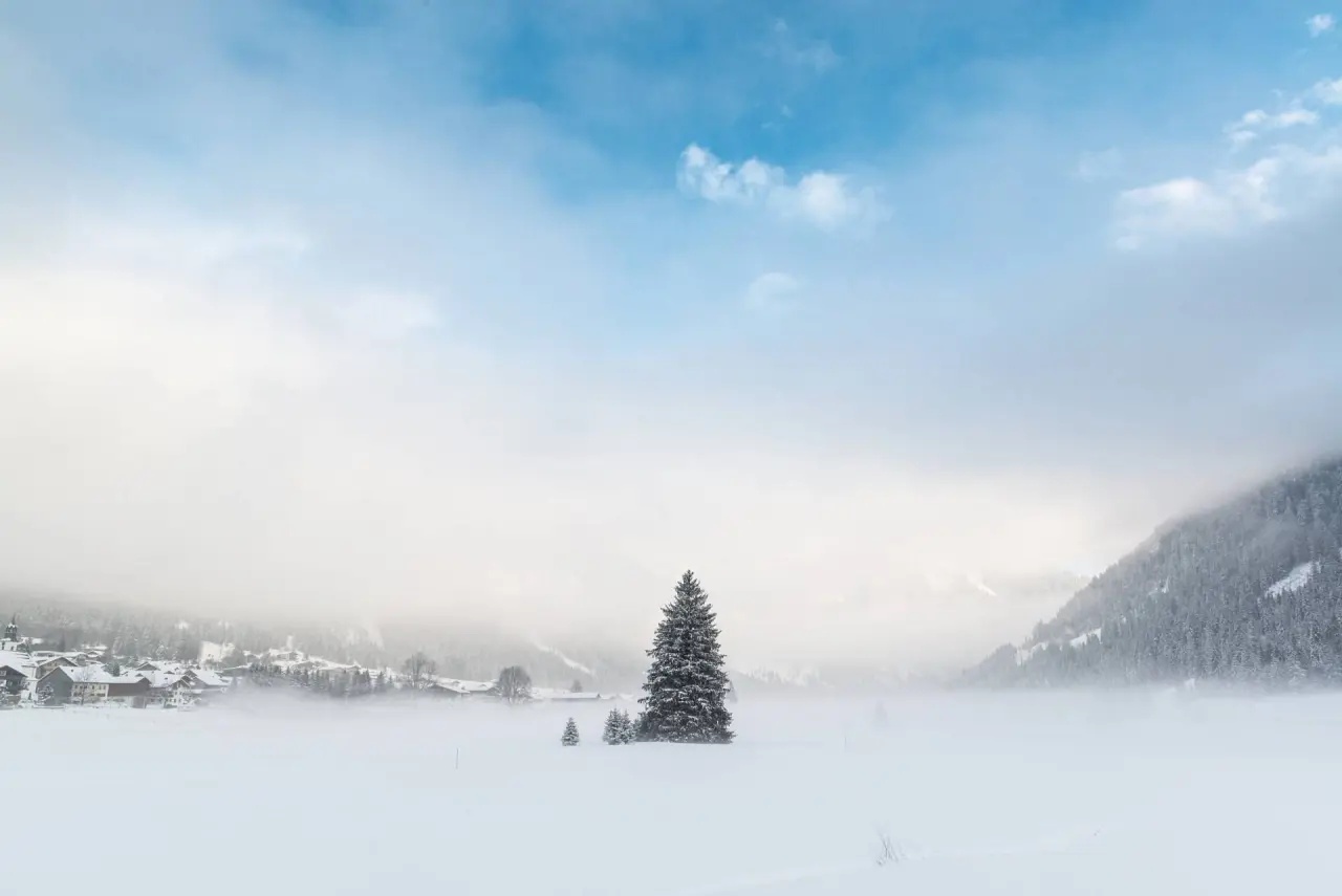 Idyllische Winterlandschaft mit verschneitem Tannenbaum und Bergdorf im Nebel, nahe Hotel Bergblick.