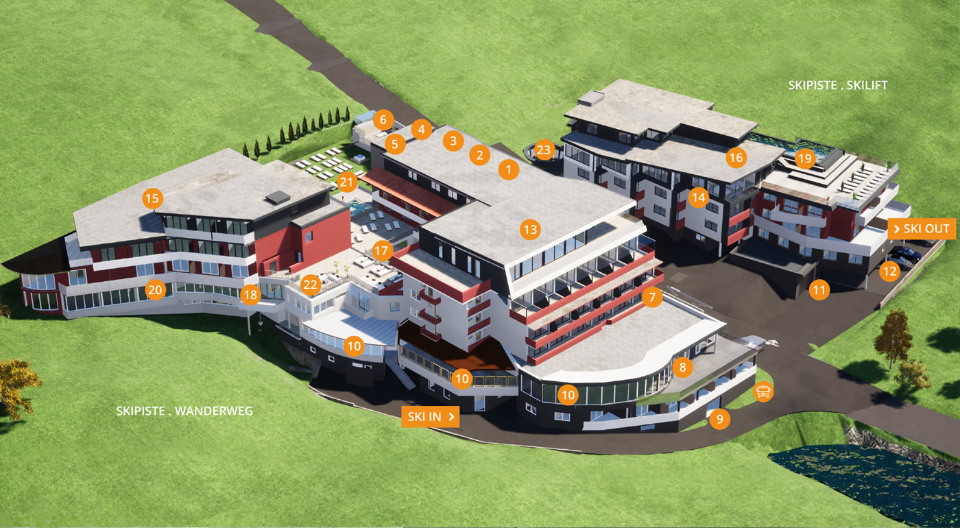 Hotel Kaiserblick in Ellmau – Übersichtskarte des Hotelgeländes mit Skilift- und Wanderweganbindung | Wellnesshotel Tirol