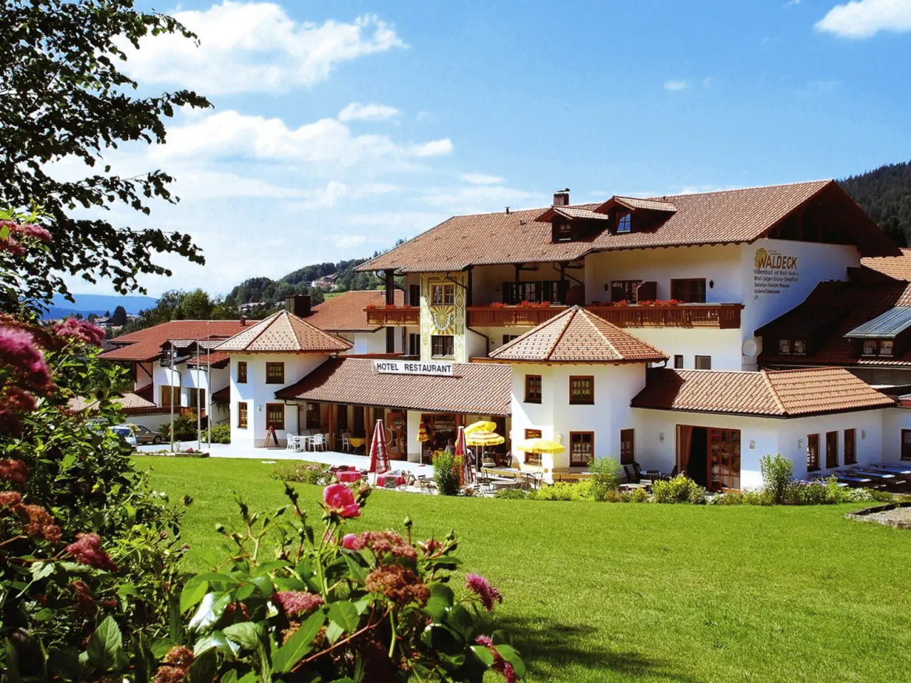 Sonnenverwöhntes Hotel Waldeck mit traditioneller Architektur, grüner Wiese und blühenden Blumen vor Bergkulisse.