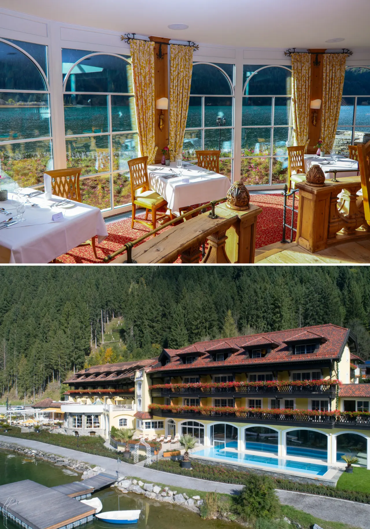 Hotel Via Salina: Panoramablick auf das Hotel mit Aussenpool am Seeufer und Restaurant mit Seeblick.