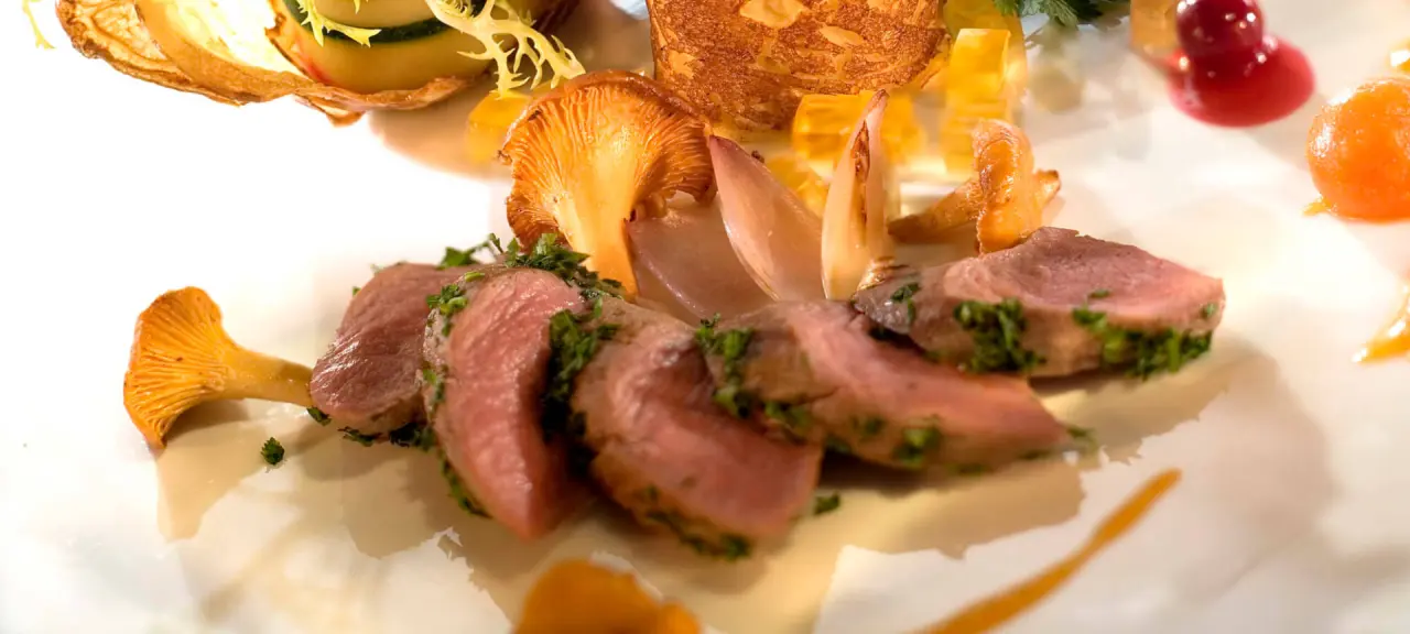 Fein angerichteter Wildbraten mit Pfifferlingen und Beilagen im Restaurant des Hotel Via Salina.