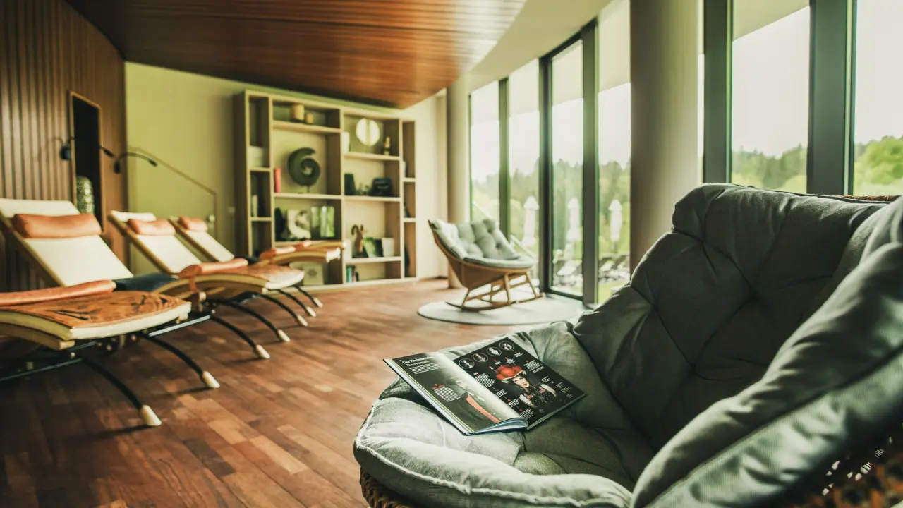 Gemütlicher Ruheraum mit bequemen Liegen und Blick ins Grüne im Wellnessbereich des Hotel Lauterbad.