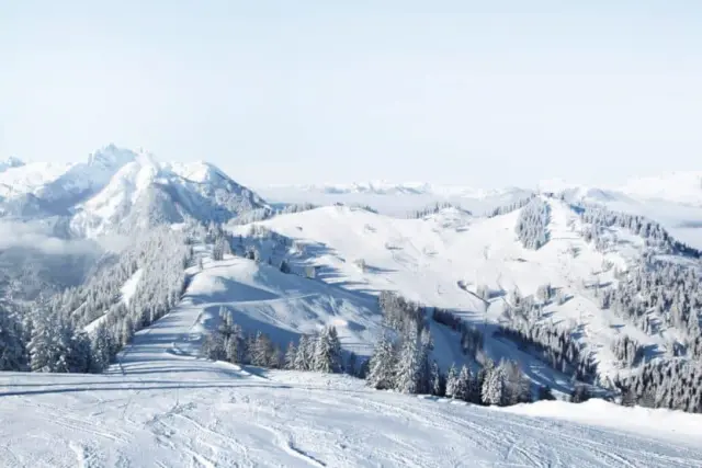 Verschneite Berglandschaft mit Skipisten und Wäldern rund um das Hotel Sonnhof Alpendorf im Winter.