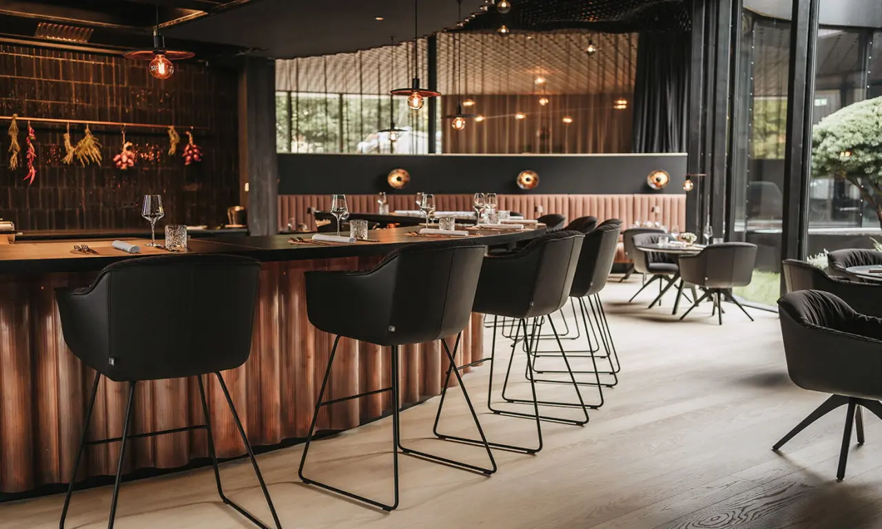 Modernes Restaurant und Bar der Amrai Suites mit stilvoller Einrichtung, Holzakzenten und Blick ins Grüne.