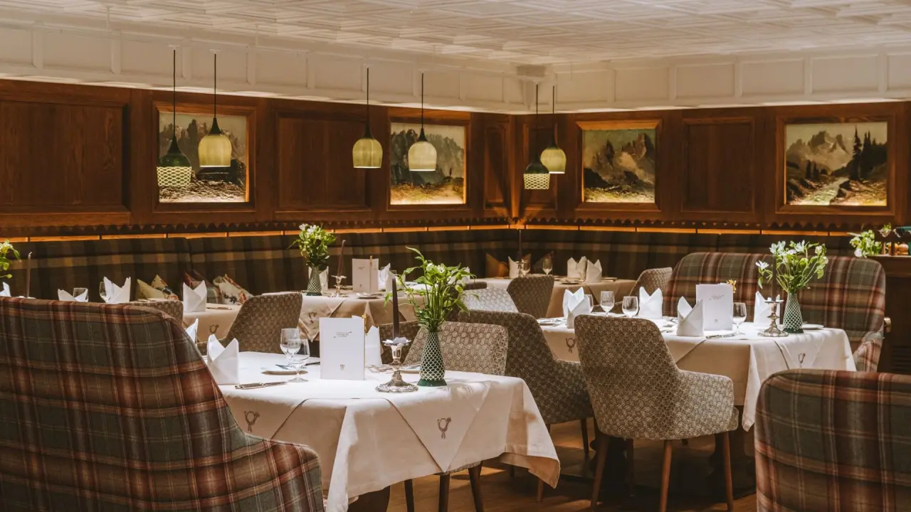 Elegantes Restaurant im Hotel Post Lech mit traditionellem Dekor, karierten Sitzbänken und festlich gedeckten Tischen.