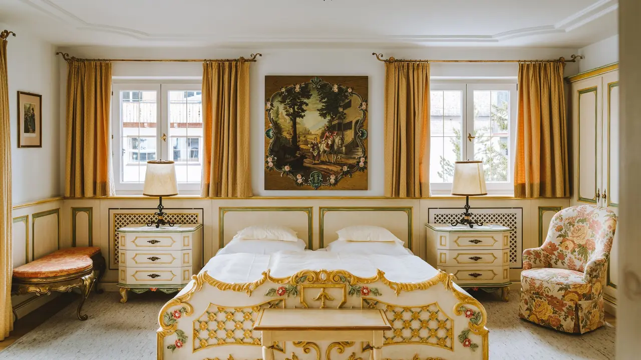 Klassisch eingerichtetes Doppelzimmer mit opulentem Bett und floralem Sessel im Hotel Post Lech.