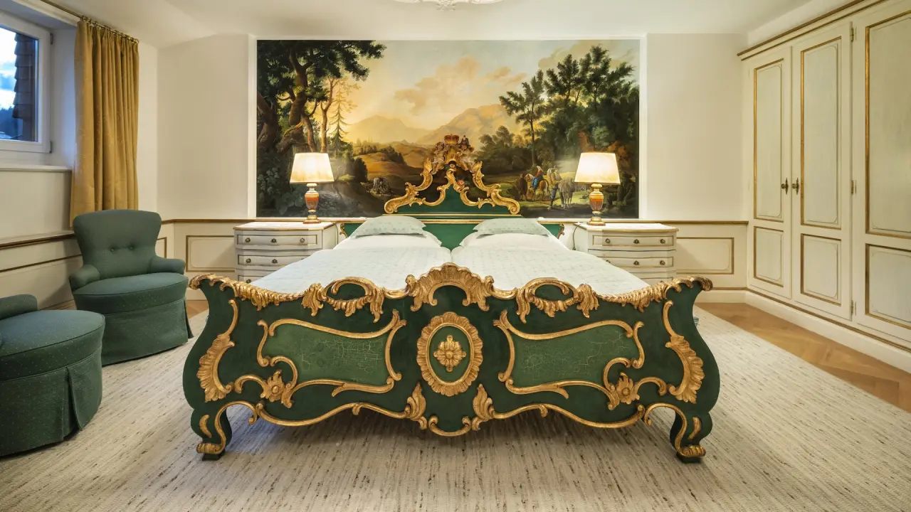 Opulentes Doppelzimmer im Hotel Post Lech mit grün-goldenem Bett, Wandgemälde und eleganten Sesseln.