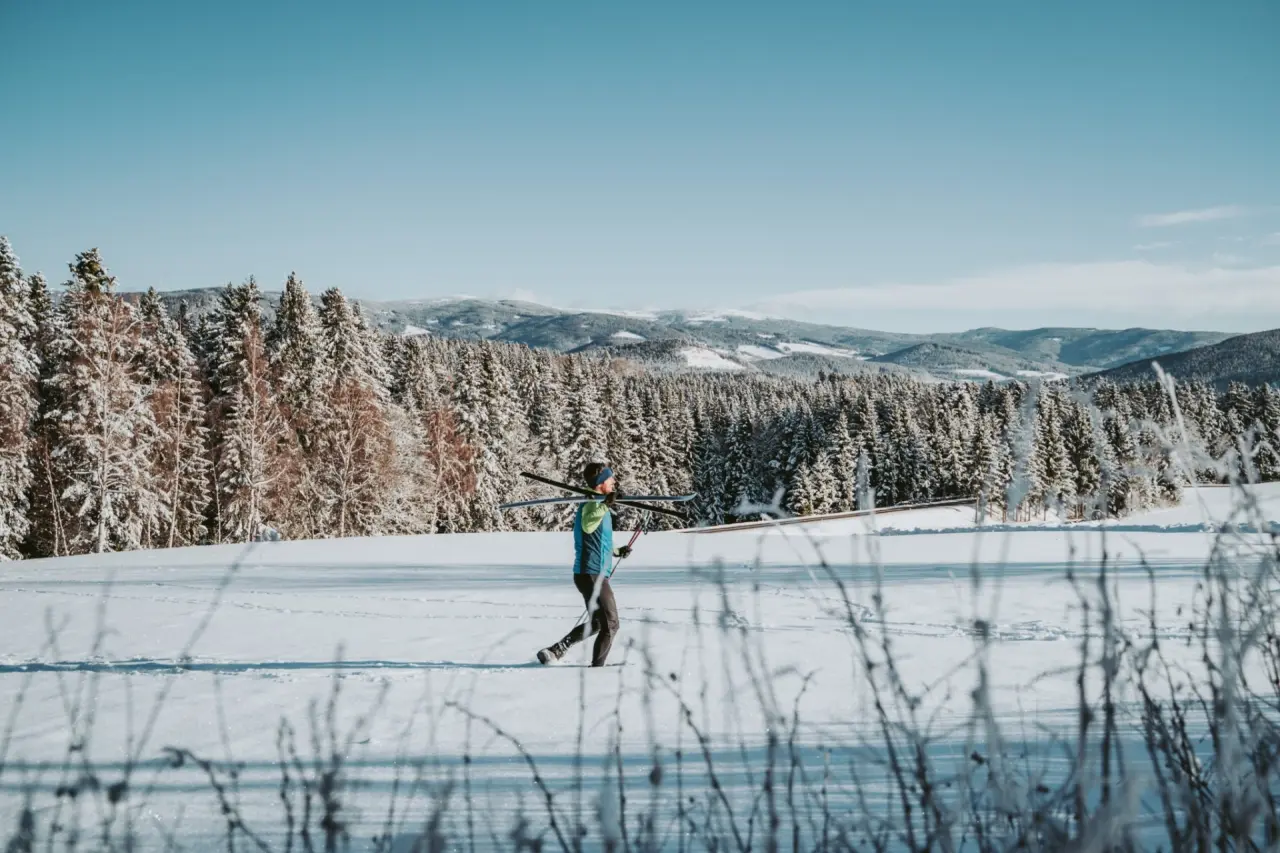Langläufer in idyllischer Winterlandschaft mit verschneiten Wäldern und Bergen, ideal für Gäste von Mein Hotel Fast.