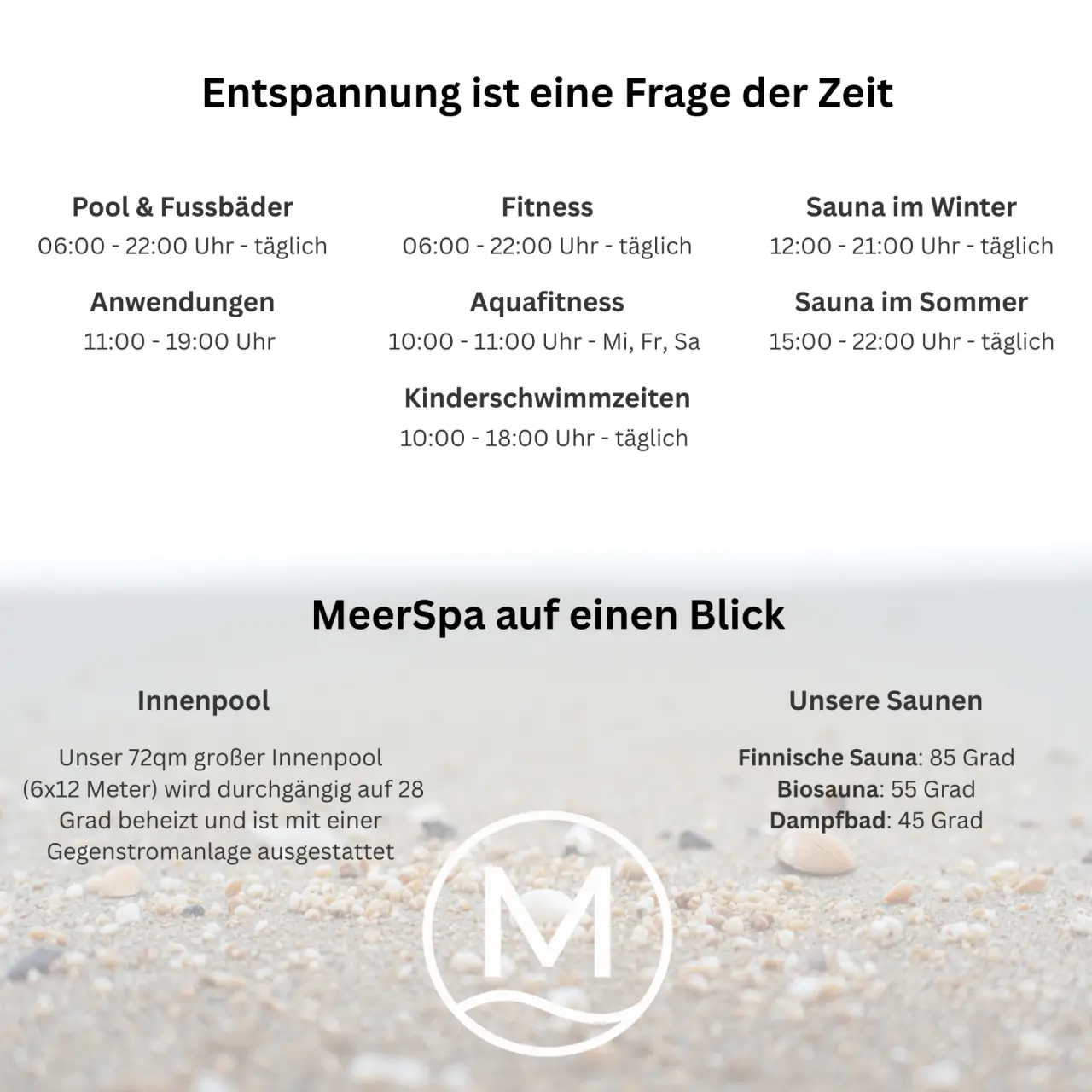 Übersicht der MeerSpa-Angebote und Öffnungszeiten im Hotel meerSinn Binz, inklusive Pool- und Saunadetails.
