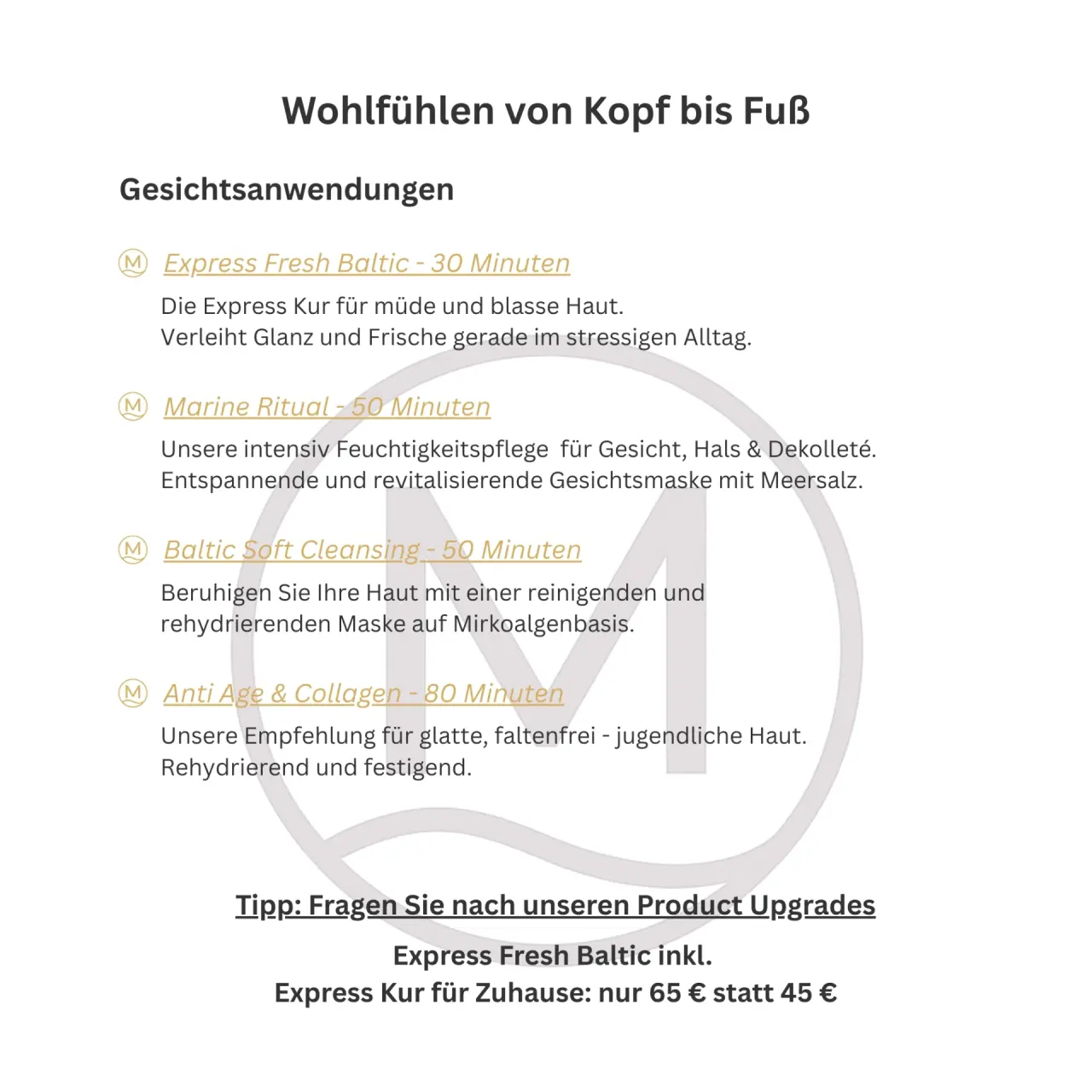 Übersicht der Wellness-Gesichtsanwendungen mit Preisen im Spa des Hotel meerSinn Binz.