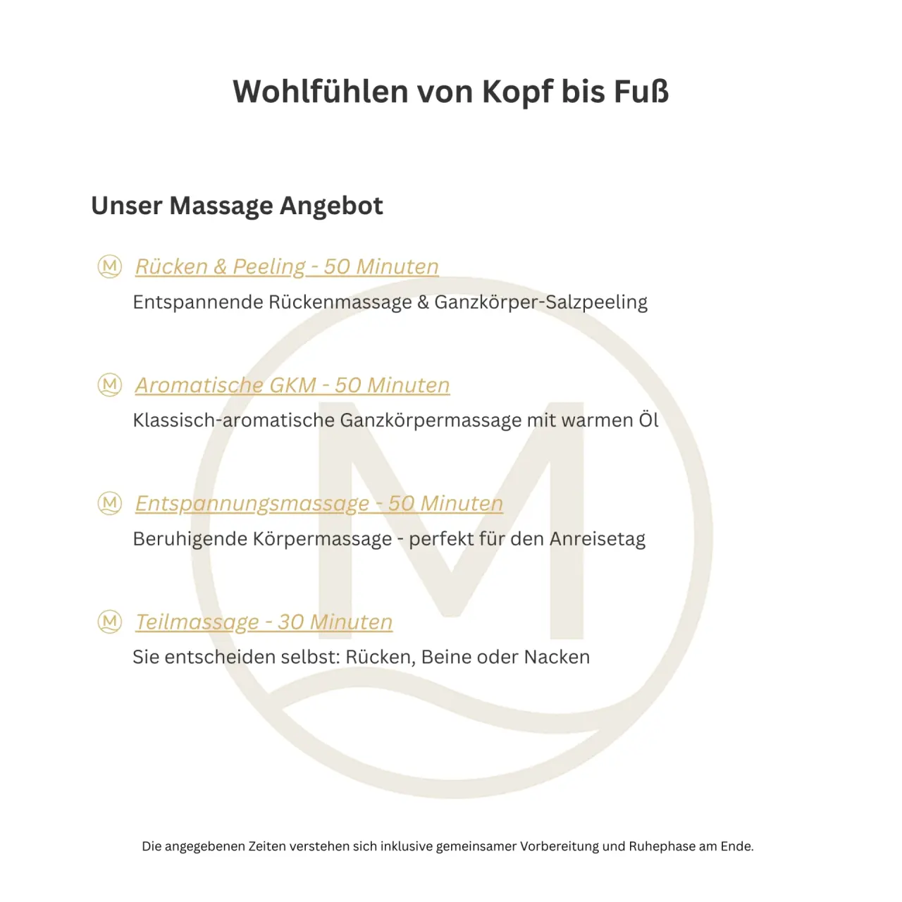 Übersicht der Massageangebote im Hotel meerSinn Binz: Rücken & Peeling, Ganzkörpermassage, Entspannungsmassage, Teilmassage.