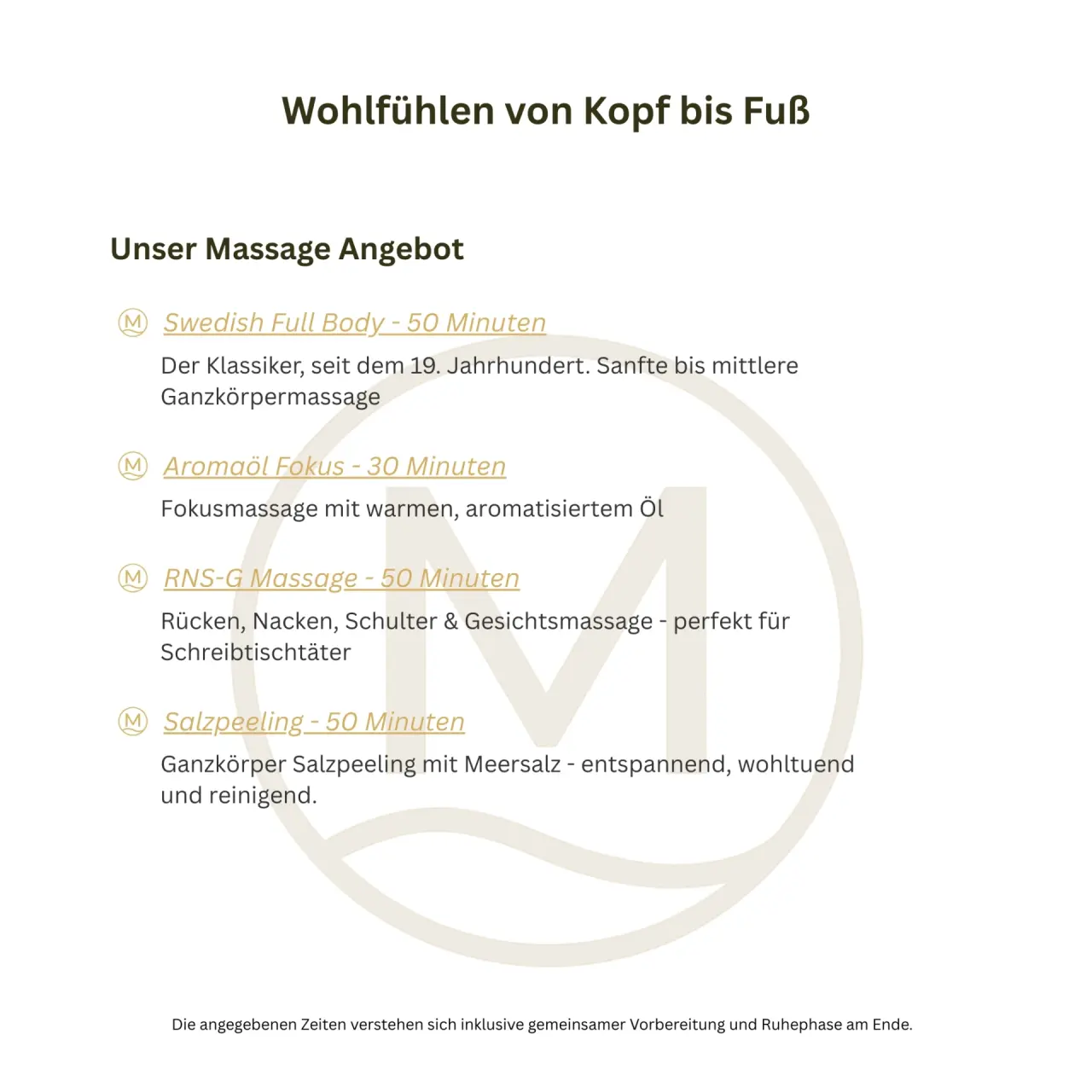 Massage- und Peeling-Angebot des Hotel meerSinn Binz mit Details zu Swedish Full Body, Aromaöl Fokus, RNS-G Massage und Salzpeeling.