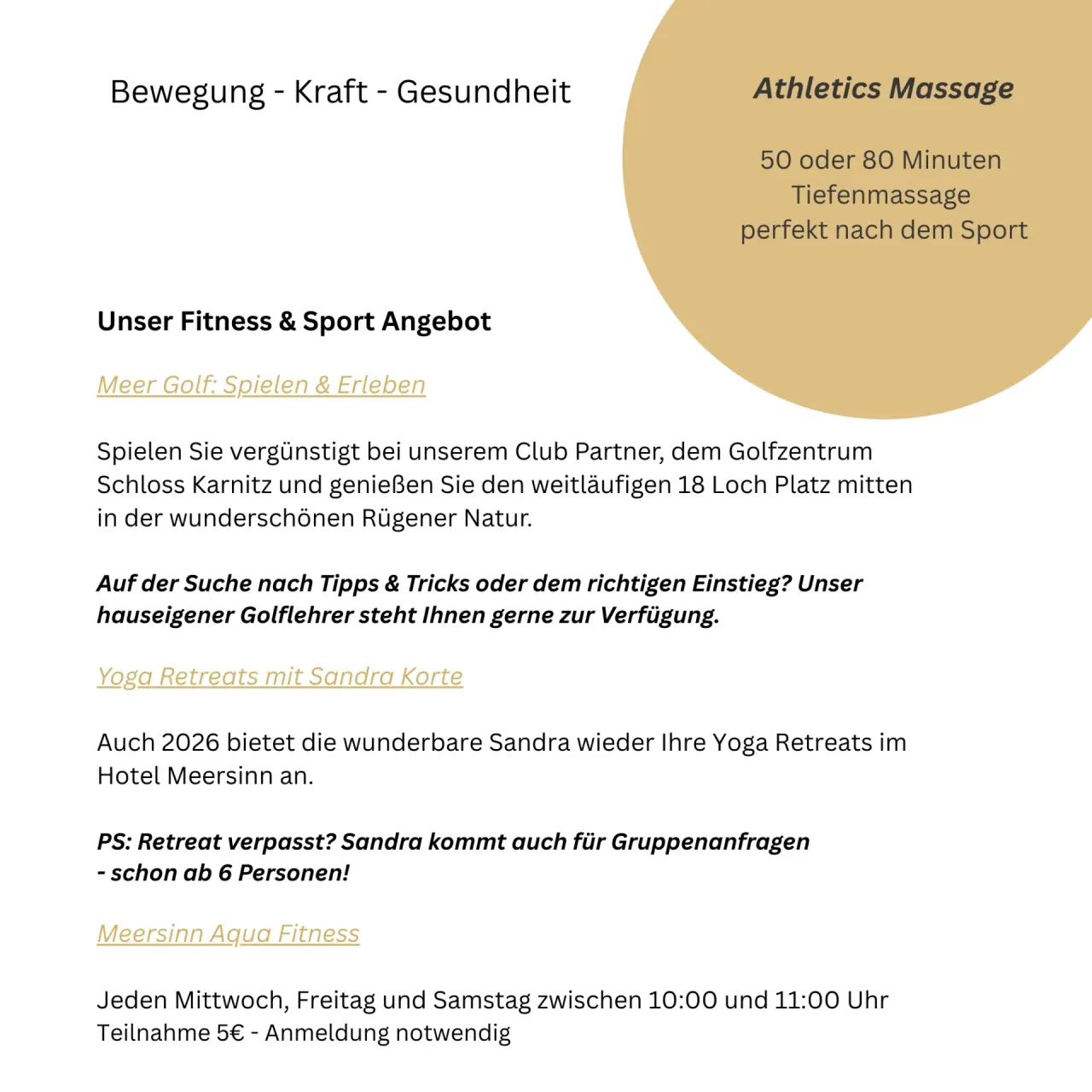 Übersicht der Fitness- und Sportangebote des Hotel meerSinn Binz, inklusive Golf, Yoga und Aqua Fitness.