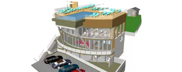 Architektonische Visualisierung des Vital- und Wellnesshotels Albblick mit Dachpool, Sonnenterrasse und Entspannungsbereich.
