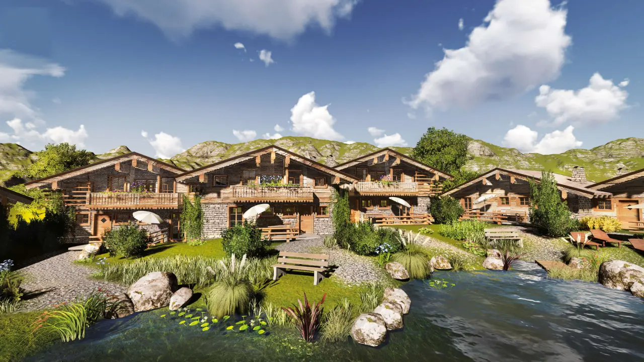 Alpin Chalets Oberjoch: Traditionelle Holzchalets am Seeufer mit Bergpanorama. Idyllische Unterkunft in den Alpen.