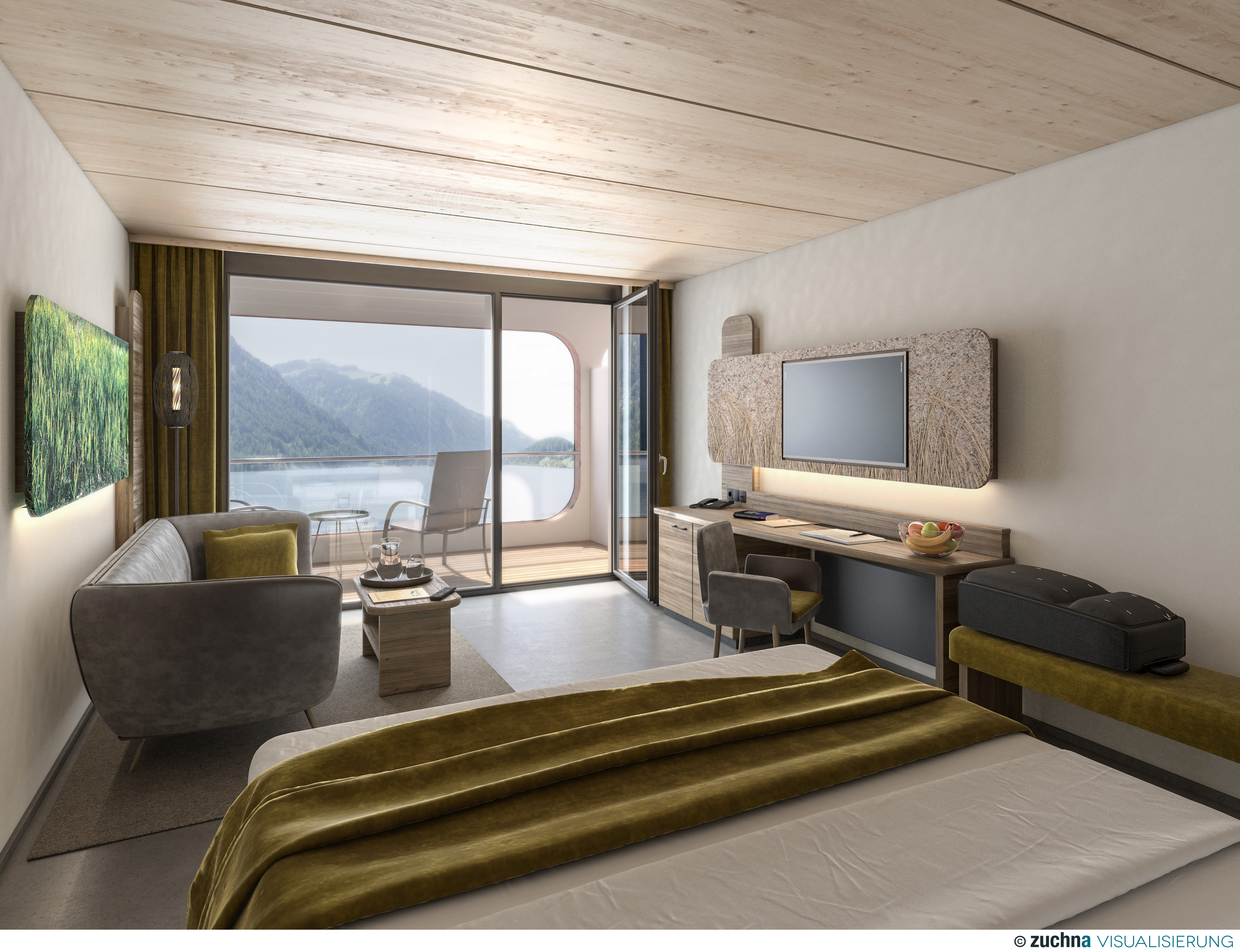 haldensee Naturerlebnis- und Wellnesshotel in Nesselwängle – Modernes Hotelzimmer mit Balkon und Seeblick auf den Haldensee | Wellnesshotel Tirol