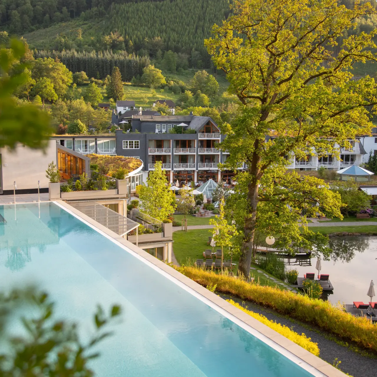 Romantikhotel Deimann in Schmallenberg-Winkhausen – Infinity-Außenpool mit Hotelanlage und Natur | Wellnesshotel Sauerland